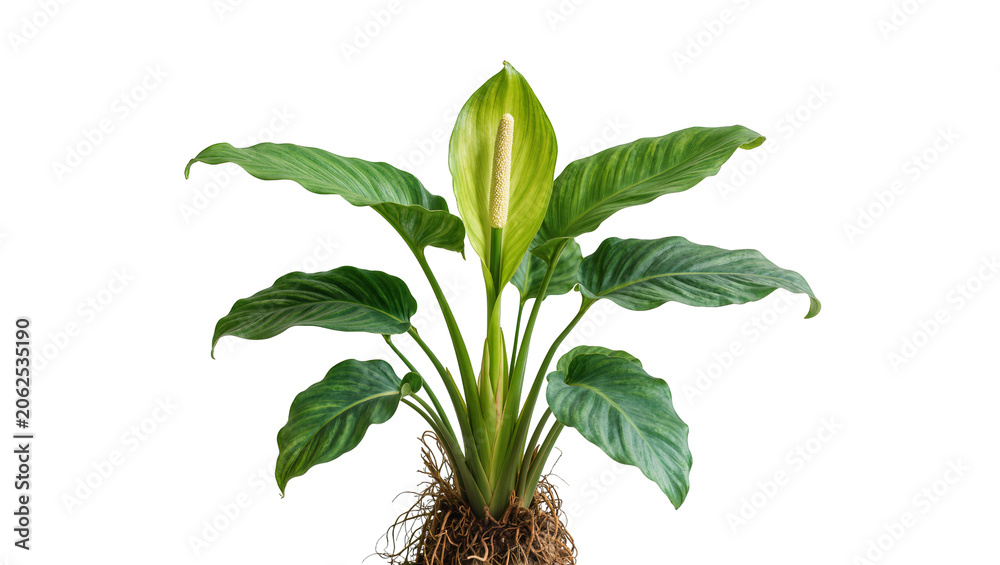 Obraz premium Spathiphyllum plant with green leaves and white flower spadix