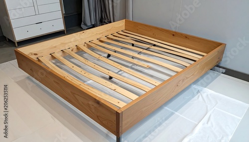 Wooden bed frame, light wood slats, silver legs, resting on a white sheet indoors, with furniture nearby