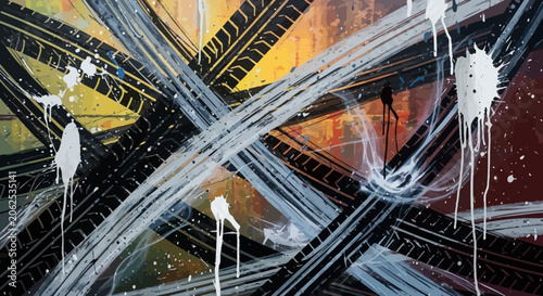 Abstract Tire Tracks Painting with White Paint Splatter - Dynamic Art