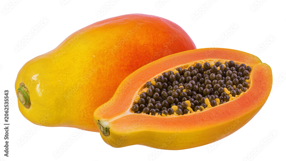 Obraz premium Whole and halved ripe papaya fruit with black seeds