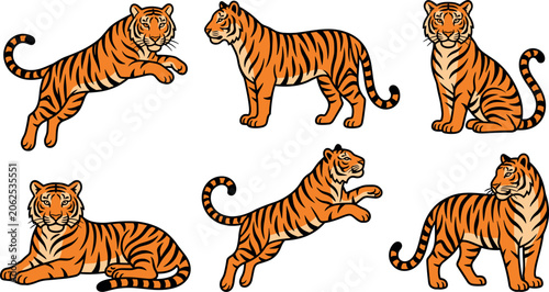 Canvas Print Bengal Tiger Vector Illustration Character Set Featuring Wild Orange Cats in Div