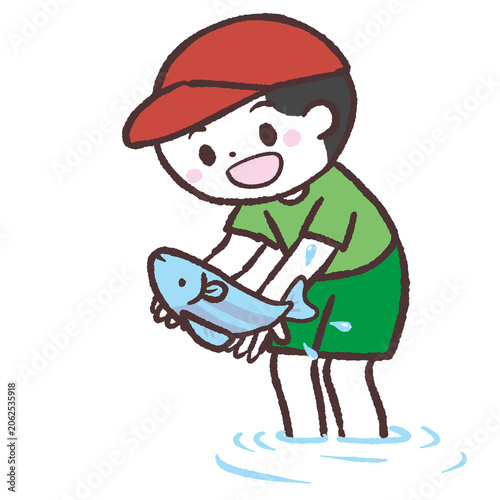 魚をつかむ男の子のイラスト
