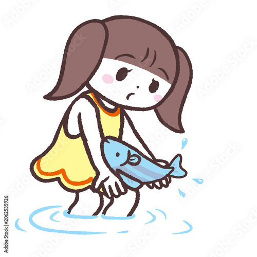 魚をつかむ女の子のイラスト