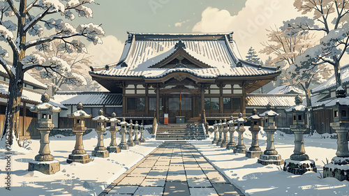 Snowy Japanese Temple Path with Stone Lanterns