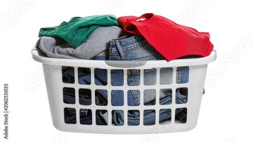 Fotografía White plastic laundry basket filled with folded jeans and t-shirts