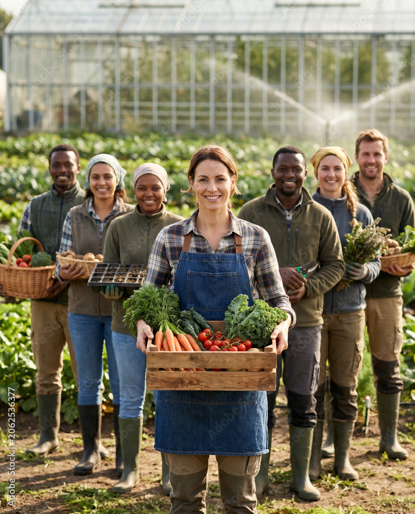Obraz premium Diverse agricultural professionals standing together on organic farm, led by confident female farm manager holding fresh vegetables, with farmers and specialists in sustainable farming environment.
