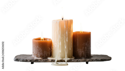 Quadro su tela Three burning pillar candles on stone holder