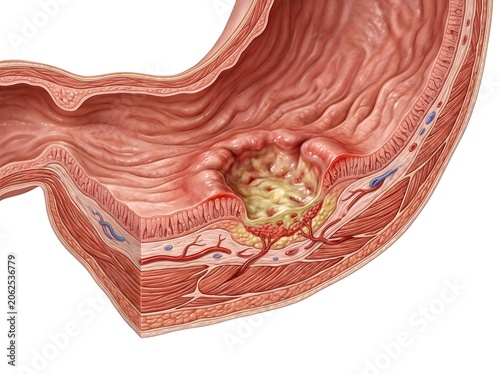 Stomach ulcer showing damaged lining 3D illustration. Detailed cross section of gastric ulcer, stomach wall layers, blood vessels, and tissue erosion pathology.