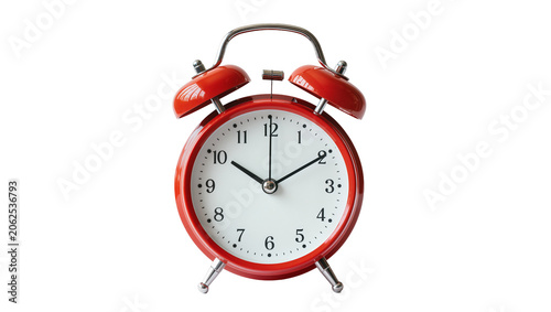 Red twin bell alarm clock with metal handle and feet