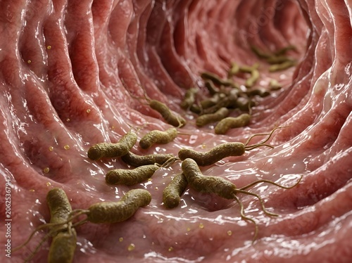 Helicobacter pylori bacteria inside human stomach 3D illustration. Microscopic view of harmful H. pylori bacteria on gastric mucosa lining causing ulcers and gastritis.