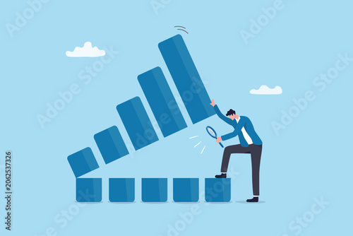 Analyze graph or chart datum for insight information, research or investigate for data transparency, statistic inspection, trend analysis, businessman analyze open bar chart with magnifying glass.