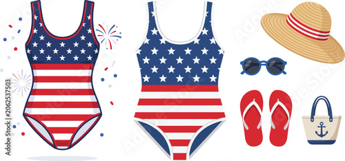 American flag swimwear with summer accessories arranged for festive celebration