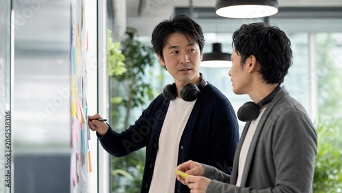 Professional Men Collaborating on Creative Project with Digital Tools and Brainstorming Ideas