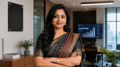 Confident Indian Businesswoman in Traditional Saree Standing in Modern Office