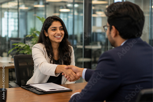 Indian Businesswoman Shaking Hands with Corporate Executive in Modern Office