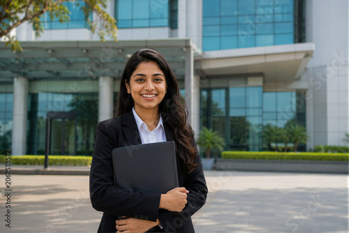 Young Indian Professional Standing in Front of Corporate Headquarters