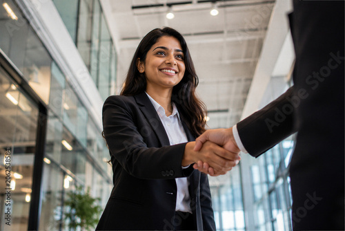 Indian Businesswoman Shaking Hands with Corporate Executive in Modern Office