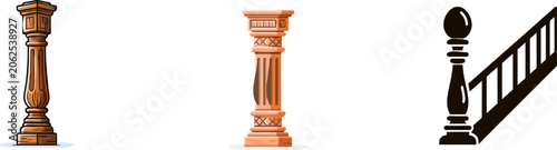 A grand staircase banister newel post made of dark mahogany wood features intricate classical geometric carvings in a flat vector style illustration