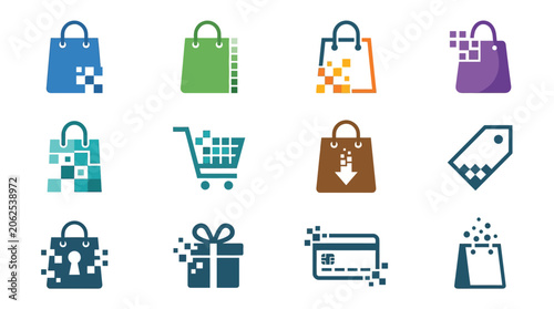 Colorful shopping bag icons and symbols.