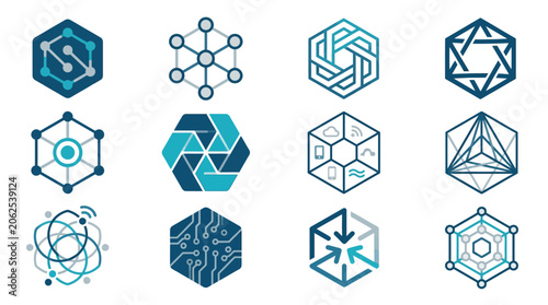 Geometric shapes and molecular structures icons.