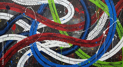 Abstract Paint Splatter and Swirls: Red, White, Blue, Green on Black