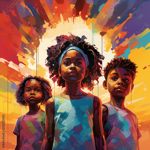 young afro-american kids  in front of colorful graffiti wall, urban children, black history month concept