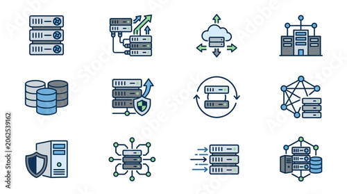 Technology icons for business and communication.