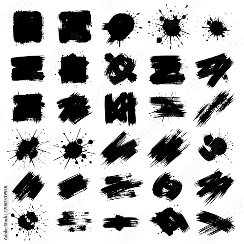 Paint brush strokes. Black vector rough edge rectangles. Grunge square frames set. Jagged edge torn paper background collection. Grungy distressed text boxes. Transparent PNG version.