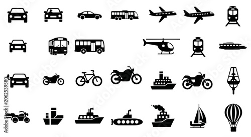Diverse Transportation Icons Set: Cars, Planes, Trains, Boats, and More