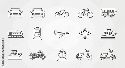 Set of Transportation Icons: Cars, Bikes, Planes, Boats, Trains, Scooters, Bus, Motorcycle