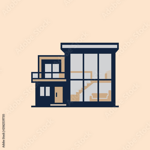 A modern house icon with large glass windows and flat design