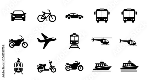 Set of transportation icons: cars, bikes, planes, trains, helicopters, boats