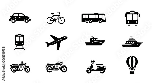 Transportation Icons Set: Car, Bike, Bus, Train, Plane, Boat, Motorcycle, Scooter, Balloon