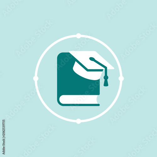 A flat education icon featuring a book and graduation cap