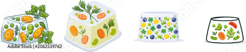 A flat vector illustration of an aspic dish encased in clear gelatin, showcasing vibrant sliced carrots, peas, and herbs suspended within the gelatinous matrix against a clean white background