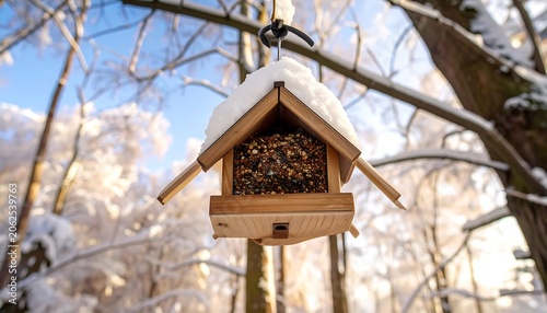 Wooden bird feeder in snowy forest (1)