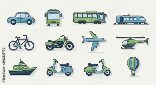 Diverse Transportation Icons: Car, Bus, Train, Plane, Boat, Bike