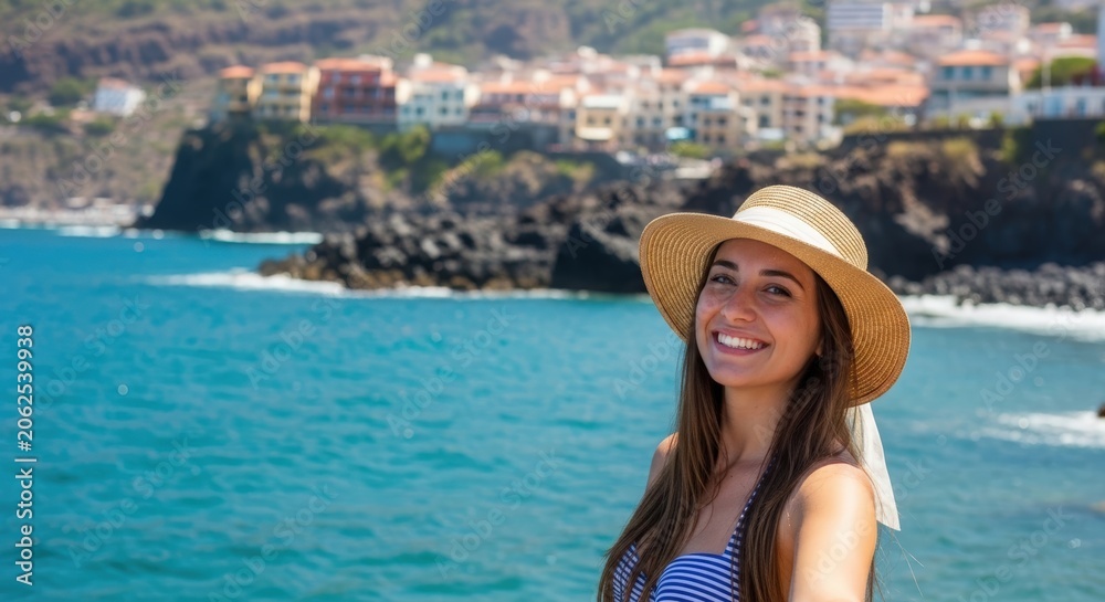 Fototapeta premium Woman enjoying summer swim in coastal Mediterranean town.