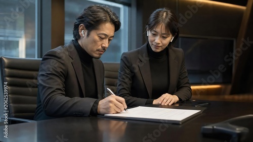 Professional Business Meeting with Two Colleagues Reviewing Documents Together