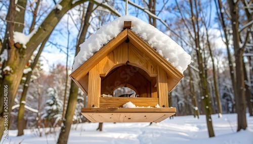 Wooden bird feeder in snowy forest