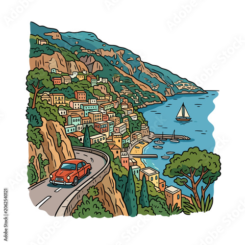Illustration of a red car driving on a scenic coastal road