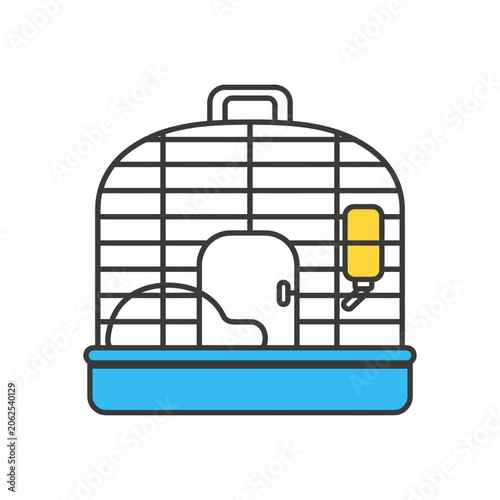 Flat vector icon of a blue pet cage with water bottle
