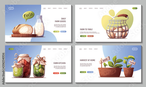 Set of Web pages with Jars of preserved vegetables, fresh bread and milk, basket of eggs, pots with basil and oregano. Gardening, harvest, farm life concept. Vector illustrations.
