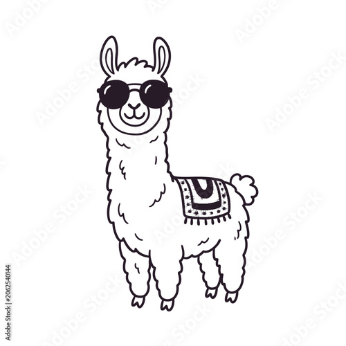 Cute cartoon llama wearing sunglasses on a white background