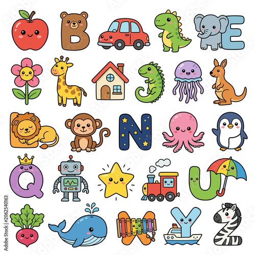 A colorful alphabet set with cute animals and objects for kids
