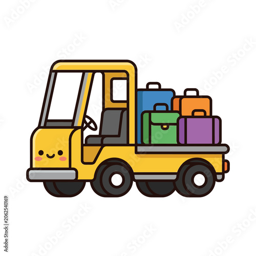 A cute yellow utility truck carries colorful luggage for travel