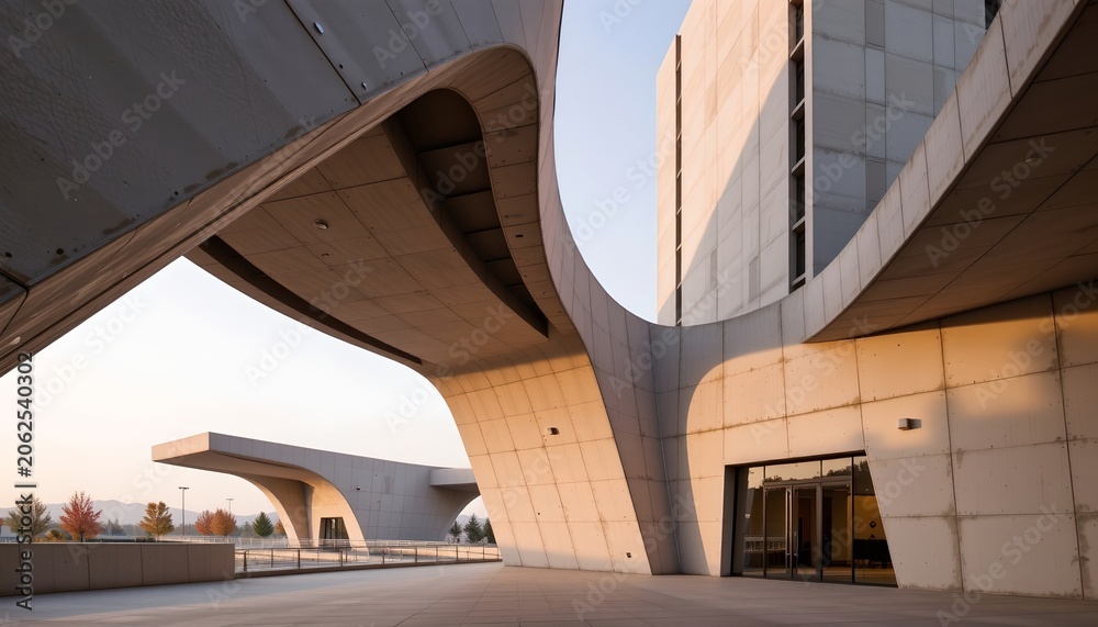 Fototapeta premium Futuristic Concrete Architecture Bathed Sunrise Light