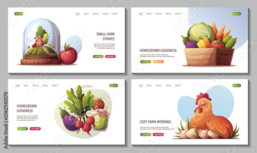 Set of web pages with glass dome with barn, vegetables, chicken with eggs, wooden crate with harvest. Gardening, harvest, farm life, farm market, farming, countryside concept. Vector illustrations. 