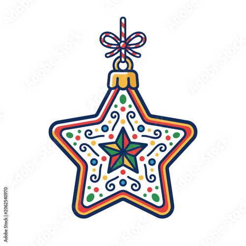 A colorful star shaped Christmas ornament on white