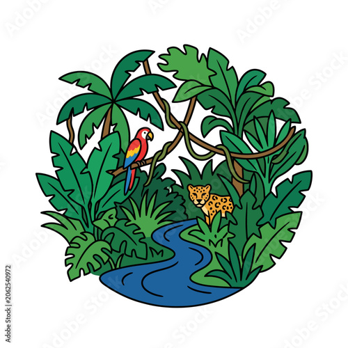 A colorful parrot and a leopard in a lush green jungle